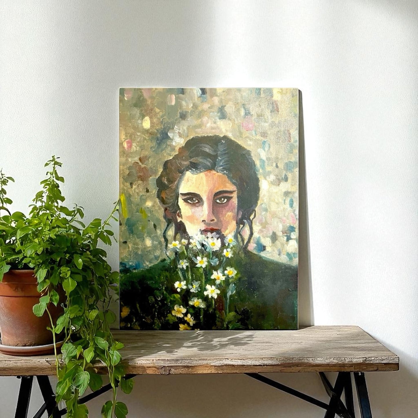 Women Holding Wild Flowers - Abstract Oil Painting