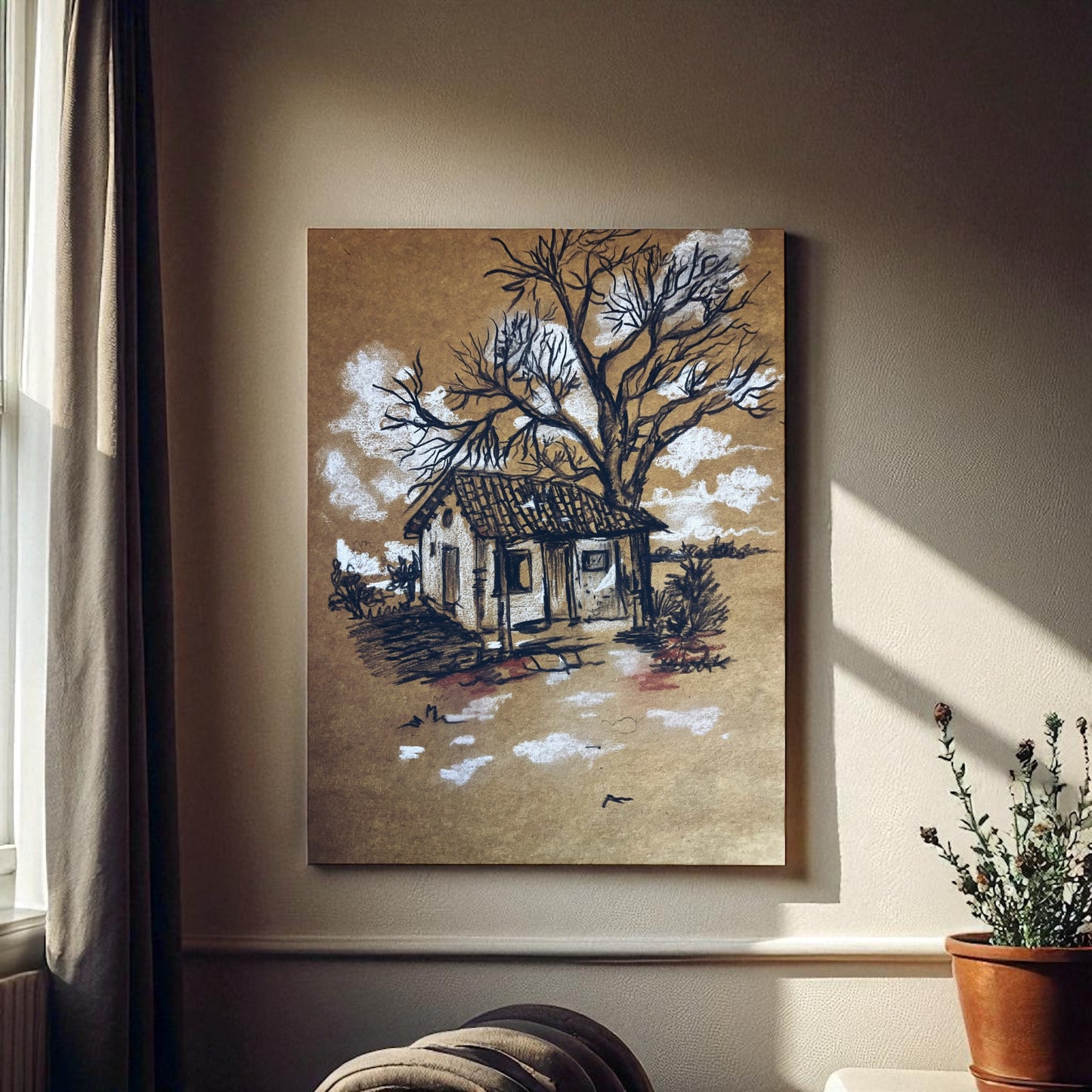 Rustic House Charcoal and Pastel Sketch