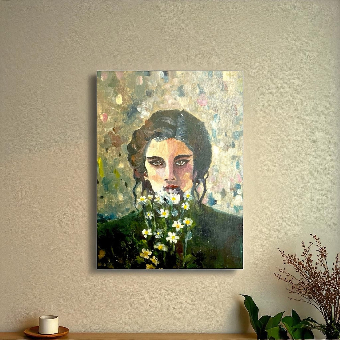 Women Holding Wild Flowers - Abstract Oil Painting